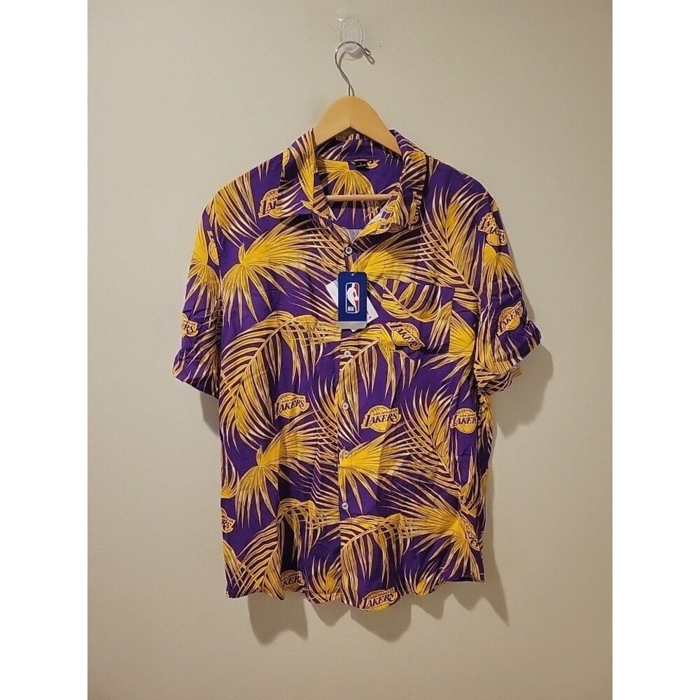NWT FOCO Los Angeles Lakers Hawaiian Button-Up Shirt Purple Gold NBA Men's Large